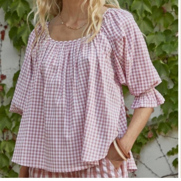 Hunter Bell Womens Rosette Pink Check Lucia Scoop Neck Top Cottagecore Medium - Picture 2 of 10